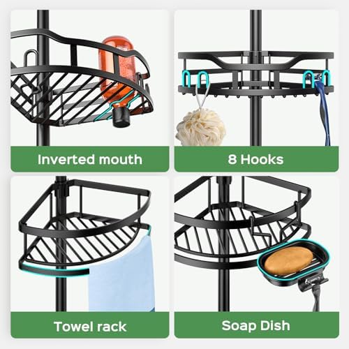 HAMITOR Shower Caddy Tension Pole: Rustproof Quick Install Standing Corner Bathroom Organizer Shelf on Floor for Renters - 4-Tier Large Capacity Storage Rack with Soap Holder for Apartment -Black - Image 3