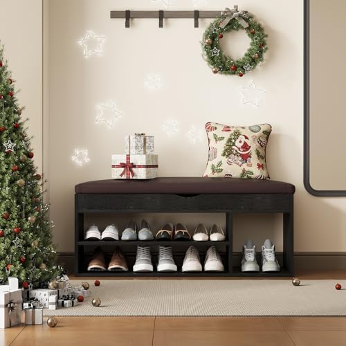 Apicizon 39 Inches Storage Bench with Padded Cushion, Shoe Bench with Storage Space, Upholstered Entryway Bench for Living Room, 2-Tier Shoe Rack Organizer, Black - Image 5