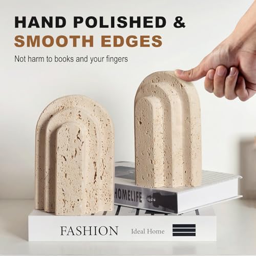 Natural Marble Book Ends - Heavy Duty Bookends for Shelves - Aesthetic Layered Arch Design Stone Book Holders, Unique Modern Office Bookshelf Stopper Decor for Books/CDs(Travertino Turkey) - Image 5