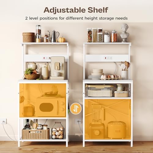 SUPERJARE Kitchen Bakers Rack with Power Outlet, Coffee Bar Table 4 Tiers, Kitchen Microwave Stand with 6 S-Shaped Hooks, Storage Shelf Rack for Spices, Pots and Pans - White - Image 4