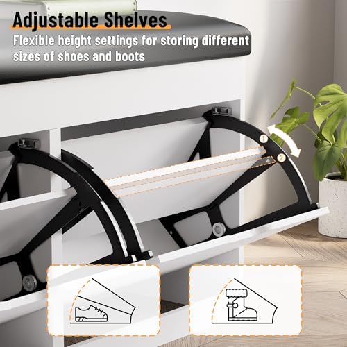 40" Shoe Storage Bench with 2 Flip Drawers & Padded Seat Cushion, Shoe Cabinet with Lift Top Storage Box, Shoe Bench Shoe Organizer for Entryway, Hallway, Living Room, White - Image 5