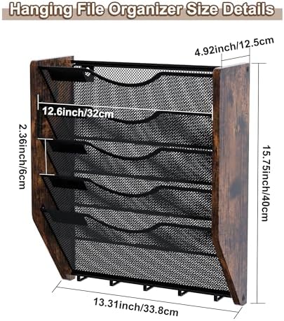 Wall File Organizer With Hooks, 5 Tier Mesh Mail Organizer Wall Mounted,Hanging File Organizer,Magazine Holder for Documents,Magazine,Literature,File,Mails,Envelopes - Image 7