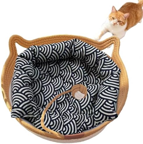 Instinct Basket, Stimuli Handwoven cat Basket Rope Cotton with Cushion, Eliminates Bed Rejection Round Pet Basket, Boho Catbed for Cats Handwoven Scratchable Breathable Weave (Small-B) by FHKPET