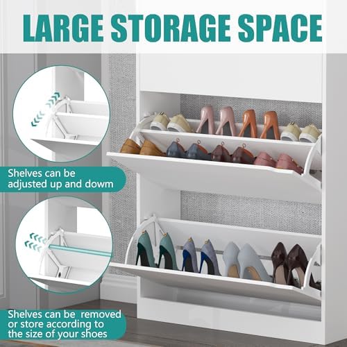 Wodeer Narrow White Shoe Cabinet for Entryway, Slim Shoe Storage Cabinet with 3 Flip Drawers, Hidden Wood Shoe Cabinet Storage, Freestanding Shoe Rack Organizer Foyer, Hallway - Image 6