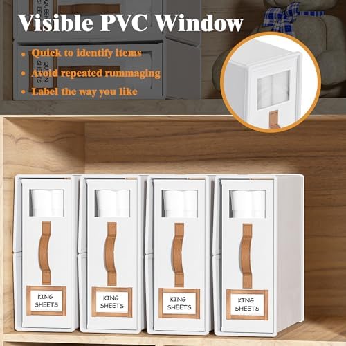 4 Pack Foldable Bed Sheets Set Organizers and Storage(King & Queen Size),Linen Fabric Closet Organizers with Window,Folding Bedding Storage Box for Bedsheets and Pillow Cube Organizer-White - Image 4