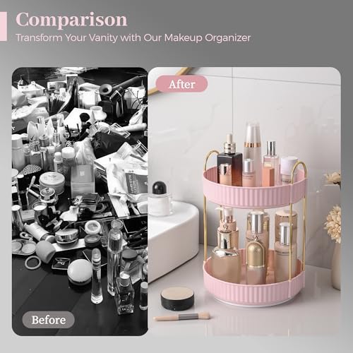 Aveniee 360 Rotating Makeup Organizer for Vanity, Skincare Perfume Organizers, Bathroom Countertop Organizer and Storage, Clear Cosmetics Lipstick Holder for Dresser,2 Tiers, Pink - Image 4