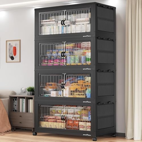 BROVIEW 800Qt Extra Large Stackable Storage Bins with Lid, Closet Organizer Collapsible Drawer Boxes with Wheels, Folding Plastic Cabinet Containers for Home Kitchen Room Organization, 4Pack Black by BROVIEW-EnjoytheArtofLife