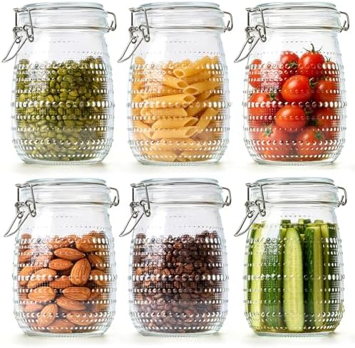 ComSaf Glass Pantry Jars with Airtight Lids 34 oz 6 Pack Wide Mouth Hobnail by ComSaf