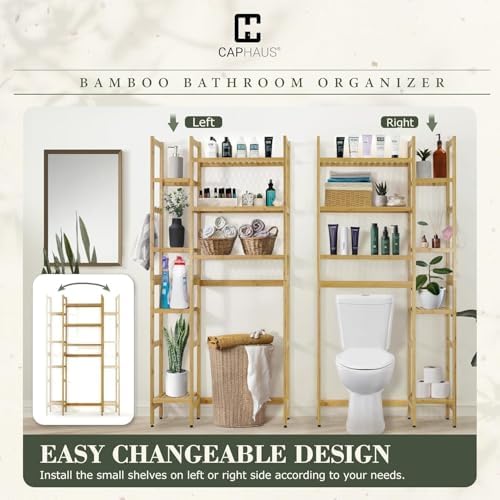 CAPHAUS Over -The -Toilet Storage Shelf,7-Tier Bamboo Bathroom Organizer Shelf Rack Over Toilet with Adjustable Feet & Hooks, Freestanding Toilet Shelf for Bathroom Laundry Balcony Plant Stand,Black - Image 6