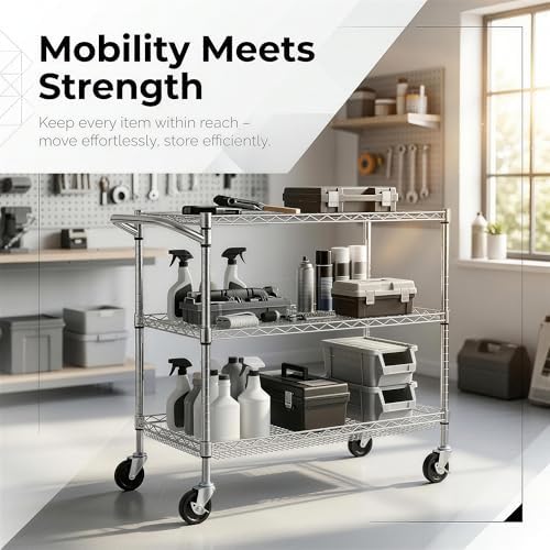 Finnhomy 3 Tier Heavy Duty Commercial Grade Utility Cart, Wire Rolling Cart with Handle Bar, Steel Service Cart with Wheels, Utility Shelf Plant Display Shelf Food Storage Trolley, NSF Listed - Image 6