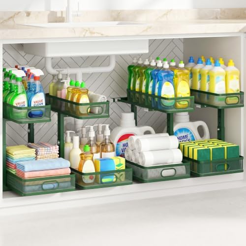 Under Sink Organizer 4-Pack, Metal 2-Tier Pull-Out Cabinet Shelf with Slide-Out Mesh Drawers, Height Adjustable, Space-Saving Under Sink Storage Racks for Kitchen, Bathroom, Laundry Room,Dark Green by AURIKAR