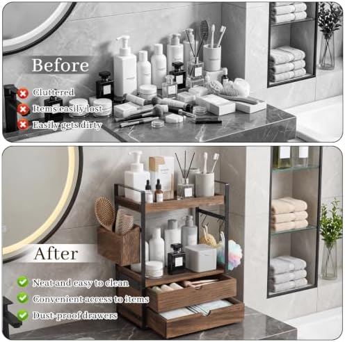 2-Tier Bathroom Counter Organizer with 2 Drawers, Basket and Hooks, Wood Bathroom Organizers and Storage for Countertop, Farmhouse Bathroom Countertop Organizer for Vanity, Kitchen, Coffee Bar, Office - Image 6
