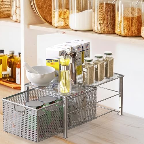 Deco Brothers Stackable Pull Out Cabinet Sliding Basket with Divider, Large - Image 4