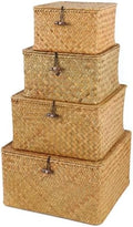 Moosky Wicker Shelf Baskets with Lid, Handwoven Seagrass Storage Basket Bins Square Gift Boxes for Shelves Home Decor Organizer (Natural, Set of 4) by Moosky