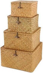 Moosky Wicker Shelf Baskets with Lid, Handwoven Seagrass Storage Basket Bins Square Gift Boxes for Shelves Home Decor Organizer (Natural, Set of 4) by Moosky