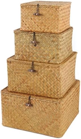 Moosky Wicker Shelf Baskets with Lid, Handwoven Seagrass Storage Basket Bins Square Gift Boxes for Shelves Home Decor Organizer (Natural, Set of 4) by Moosky