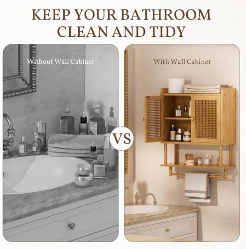 AmazerBath Bathroom Wall Cabinets, Bamboo Medicine Cabinet with Rattan Door, Large Over The Toilet Storage Cabinet with Towel Bar, Wall Mounted Cabinet with Adjustable Shelves for Small Spaces - Image 4