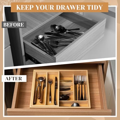 Double Bamboo Kitchen Drawer Organizer, Removable, Deep - Image 4