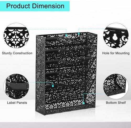 EasyPAG Desk File Organizer Heavy Duty Metal Wall Mount File Holder 5 Tier Mail Paper Folder Holder with Bottom Tray for Office Home Cubicle Countertop, Black - Image 3