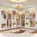 Closet System, 4-8FT Closet Organizer with 3 Wood Drawers & Glass Top, 102'' Walk in Closet with 5 Hang Rods & LED Lights & Trouser Rack, Built-in Wardrobe Clothes Rack with Shelves and Tower, White - Image 4