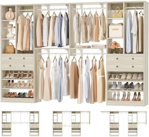 Besiost Closet System - 120"/10FT, 151.2"/12.6FT Closet System with Drawers, Built-in Closet Organizer System with Reversible Hanging Shelving and Hanging Rods, Greige Oak Set of 2 by Besiost