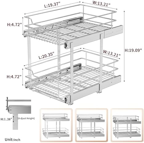 EZKAZA Pull Out Cabinet Organizer for Kitchen Utensil 14.5" W x 21" D, 2-Tier Cabinet Pullout Shelves and Drawer Organizer Slide Out Pantry Storage Basket, Bottom Basket 13.2" W x 20.4" D x 4.7" H - Image 3