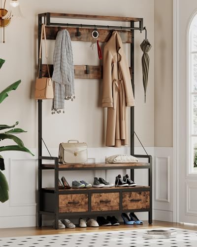 Hall Tree with Bench and Shoe Storage, Freestanding Entryway Coat Rack with 3 Fabric Drawers, 16 Hooks by DrawXynth
