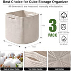 ICERZCZ 11 Inch Cube Storage Bins, Organizer Bins, Woven Cotton Rope Baskets for Storage, Storage Baskets for Organizing Shelves, White Basket for Toys, Off White (Pack of 3) - Image 3