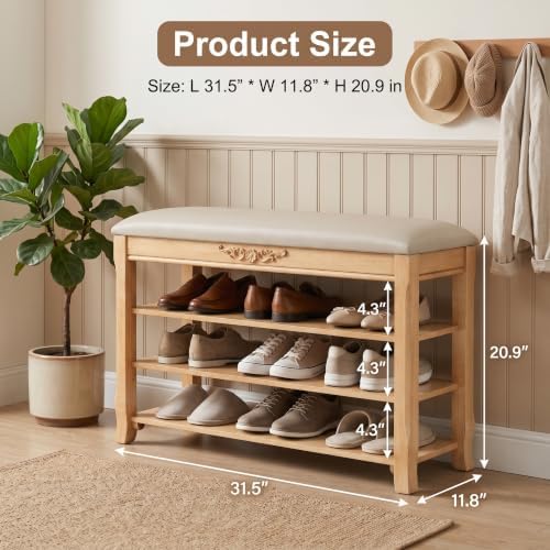 Shoe Rack Bench Entryway Storage with Leather Cushion, 31.5" - Image 2