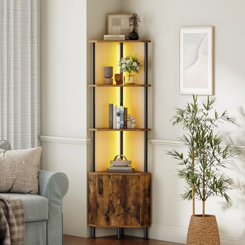 HOOBRO Corner Cabinet with LED Light, Corner Shelf Stand with Storage and Doors, 5-Tier Industrial Corner Bookshelf, 59” Tall Display Rack Shelf, for Living Room, Kitchen, Rustic Brown BF147DCJ01 - Image 3
