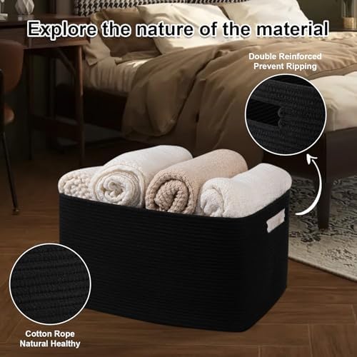 OIAHOMY 75L Large Blanket Basket Woven Storage Basket with Handle Black - Image 4