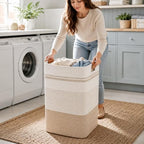Laundry Hamper, Cotton Rope Laundry Basket with Leather Handles, 25.1-Gallon/95 L Large Clothes Hampers for Laundry, Woven Laundry Baskets for Blankets, Clothing, Bedroom, Living Room, Nursery - Image 2