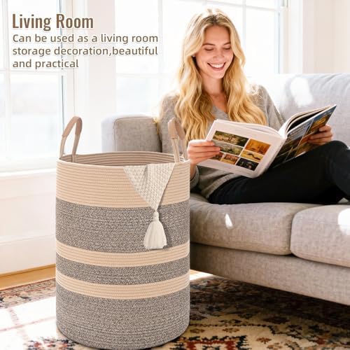 Large Laundry Basket, Laundry Hamper with Leather Handles, 75L Woven Dirty Clothes Hamper, Rope Hampers for Bedroom, Barthroom, Dark Brown - Image 2