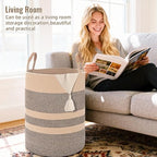 Large Laundry Basket, Laundry Hamper with Leather Handles, 75L Woven Dirty Clothes Hamper, Rope Hampers for Bedroom, Barthroom, Dark Brown - Image 2