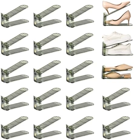 20 Pack Shoe Slots Organizer Adjustable Level Shoe Stacker Holder Storage Space Saving Sneakers Display Tray Rack for Closet (Green Transparent, 20 Pack) by UniHIMO