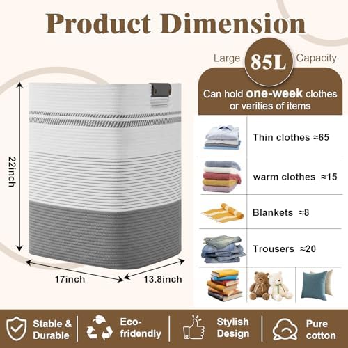 Laundry Hamper, 85L Tall Laundry Basket with Leather Handles, Rectangle Large Clothes Hamper for Organizing, Cotton Woven Laundry Baskets Storage Hampers for Bedroom, Nursery, Living Room - Image 3
