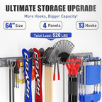 Garage Tool Organizer Wall Mount 66 inches with 13 Adjustable Heavy-Duty Hooks, Garage Organization, Garden Tool Storage Rack, Yard, and Shed, Holds Up to 520 lbs (Grey) - Image 2