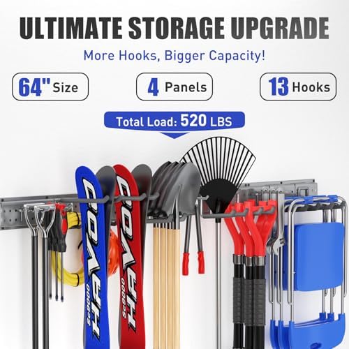 Garage Tool Organizer Wall Mount 66 inches with 13 Adjustable Heavy-Duty Hooks, Garage Organization, Garden Tool Storage Rack, Yard, and Shed, Holds Up to 520 lbs (Grey) - Image 2