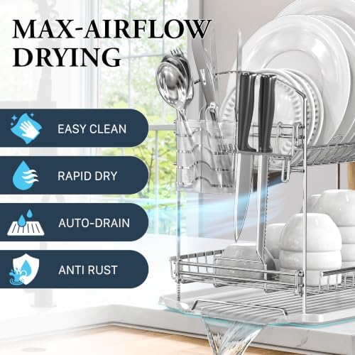 Simple Houseware 2-Tier Stainless Steel Dish Rack with Drainboard, Chrome - Image 4