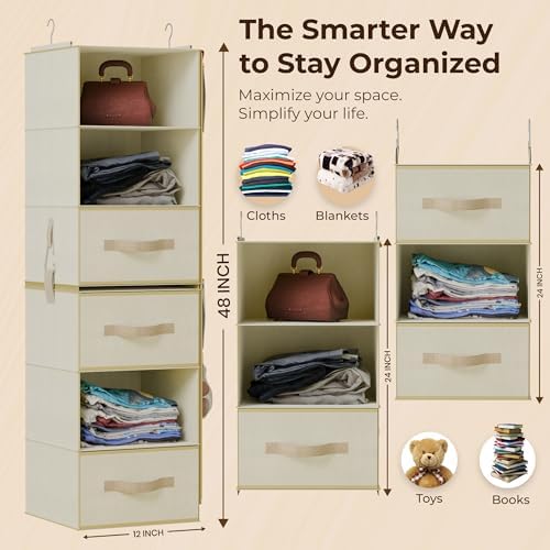 6-Shelf Hanging Closet Organizer With Drawers – Foldable 6 Tier Hanging Closet Shelves for Clothes, Shoes & Purse Hanging Storage Organizer with 3 Separable Drawers & 6 Large Mesh Pocket (Beige) - Image 2