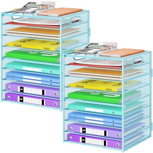 Cawukege 9 Tier Paper Organizer with Handle, Large Capacity Desk Organizer Mesh Paper Letter Tray File Folder Document Sorter for Classroom and Office Accessories Organization- Blue (2 Pack) by Cawukege