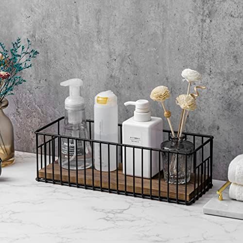 MyGift Toilet Paper Roll Holder Basket, Industrial Matte Black Metal Wire and Rustic Burnt Wood Above Tank Bathroom Toiletries Storage Organizer Vanity Basket - Image 4