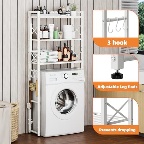 Simple Trending Over The Toilet Storage Rack with Toilet Paper Holder, Heavy Duty Metal 3 Tier Bathroom Organizer Shelf with 3 Hooks, White - Image 6