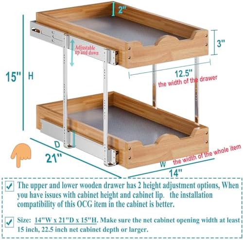 OCG Pull Out Drawers For Cabinets 14"W x 21"D, 2 Tier Heavy-Duty Slide out Wood Drawer Shelf, Pull Out Drawer for Cabinets, Base Cabinet Organization ​for Kitchen, Pantry, Bathroom - Image 3