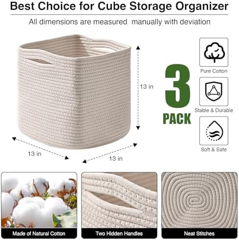 ICERZCZ 13 Inch Cube Closet Storage Bins, Woven Cotton Rope Organizer Baskets for Organizing & Shelves, Books, Towels, Clothes, Toys, 13x13x13 in, Off White (Pack of 3) - Image 2