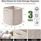 ICERZCZ 13 Inch Cube Closet Storage Bins, Woven Cotton Rope Organizer Baskets for Organizing & Shelves, Books, Towels, Clothes, Toys, 13x13x13 in, Off White (Pack of 3) - Image 2
