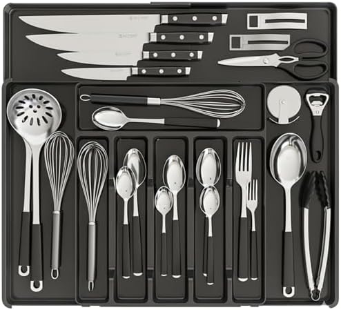 Silverware Organizer, Large Expandable Utensil Drawer Organizer, Cutlery Storage Divider for Forks, Spoons, Knives in Kitchen (Black) by Unknown