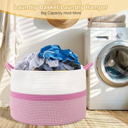Pink Laundry Basket,20''x13''Woven Cotton Rope Laundry Hamper,Large Blanket Basket for Living Room,Baby Baskets,Kids Toy Storage Basket for Organizing,Woven basket,Clothes Hamper,Room Decor - Image 5