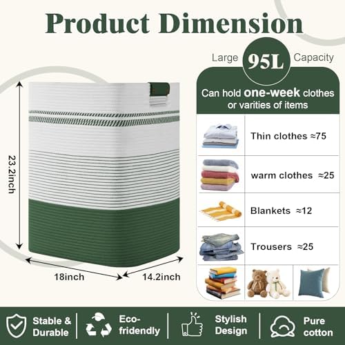 Laundry Hamper, 95L Tall Laundry Basket with Leather Handles, Rectangle Large Clothes Hamper for Organizing, Cotton Woven Laundry Baskets Storage Hampers for Bedroom, Nursery, Living Room - Image 3