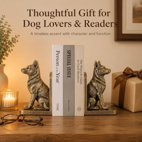 German Dog Bookends Set of 2,Decorative Book Ends for Shelves,Antique Gold Resin Shepherd Dog Statues,Aesthetic Bookshelf Decor,Book Holders for Home Office Desk Library,Vintage Shelf Styling Gift - Image 6